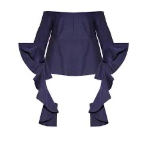 CQ BY CQ Linen Blouse Top Off The Shoulder Ruffle Embellishment 3/4 Sleeve Navy - Picture 2 of 14